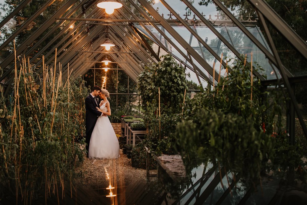 love amongst the vegetables. Bride and groom posing in glass greenhouse in the walled garden at elmore court