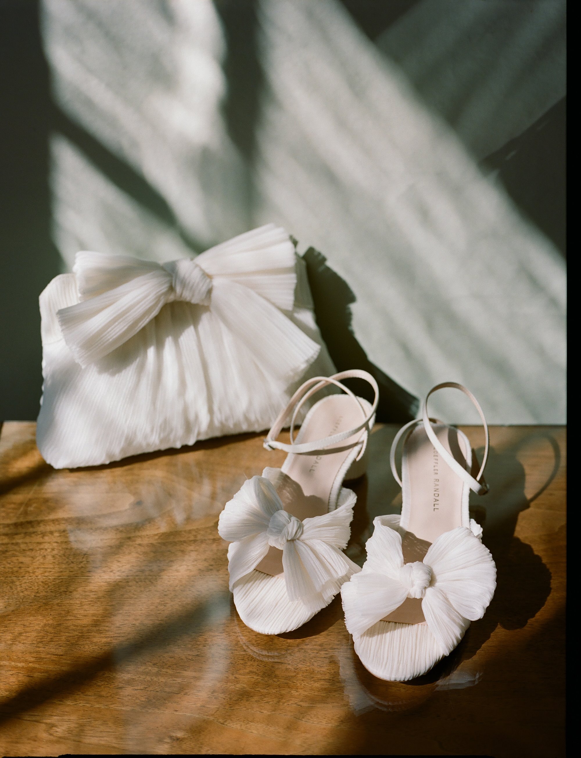 wedding heels and handbag with white bows