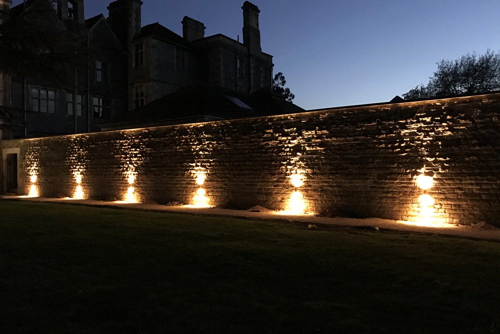 Uplighting the walls for nighttime at weddings