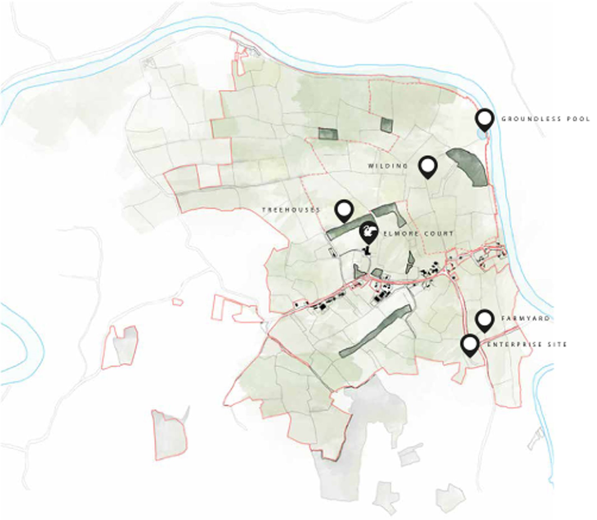 Map of elmore court estate and treehouse retreats in the rewilding area