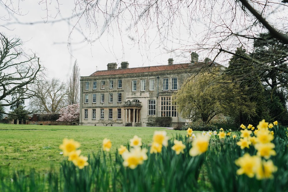 Daffodils in front of gay wedding venue mansion house elmore court