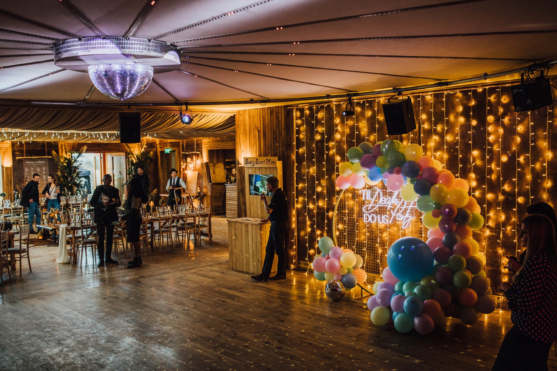 Disco lights and balloons for party wedding inspiration in The Gillyflower at Elmore Court