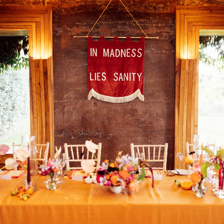 Cool custom banners for alt weddings at an eco wedding reception venue in the cotswolds