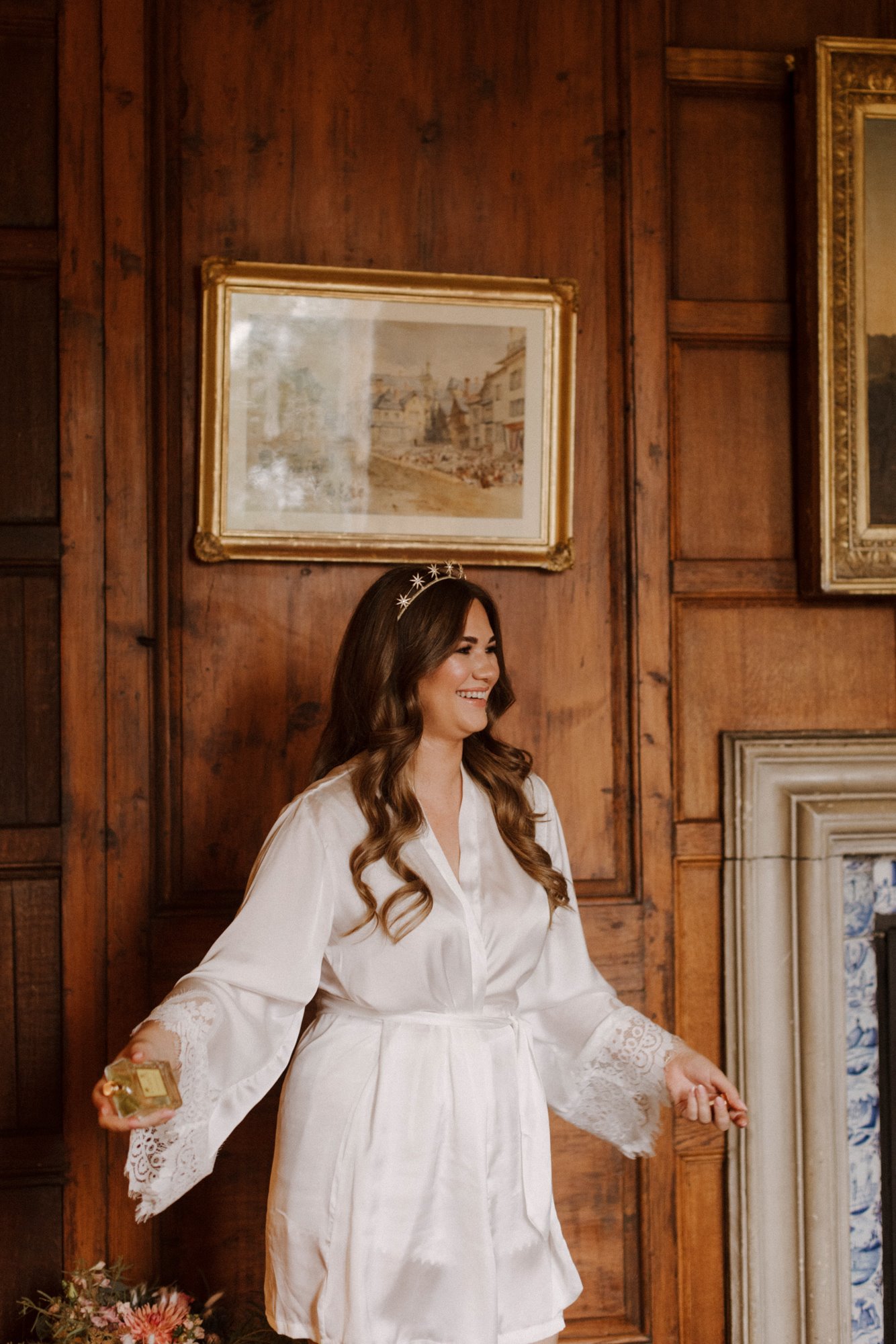 boho bride happy getting ready on wedding morning