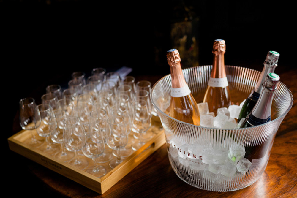 Wine cooling for guests to sample at a wedding fair at elmore court with sommelier on hand to answer questions