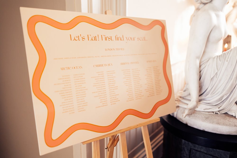 retro wedding sign in orange for a cool wedding in the cotswolds