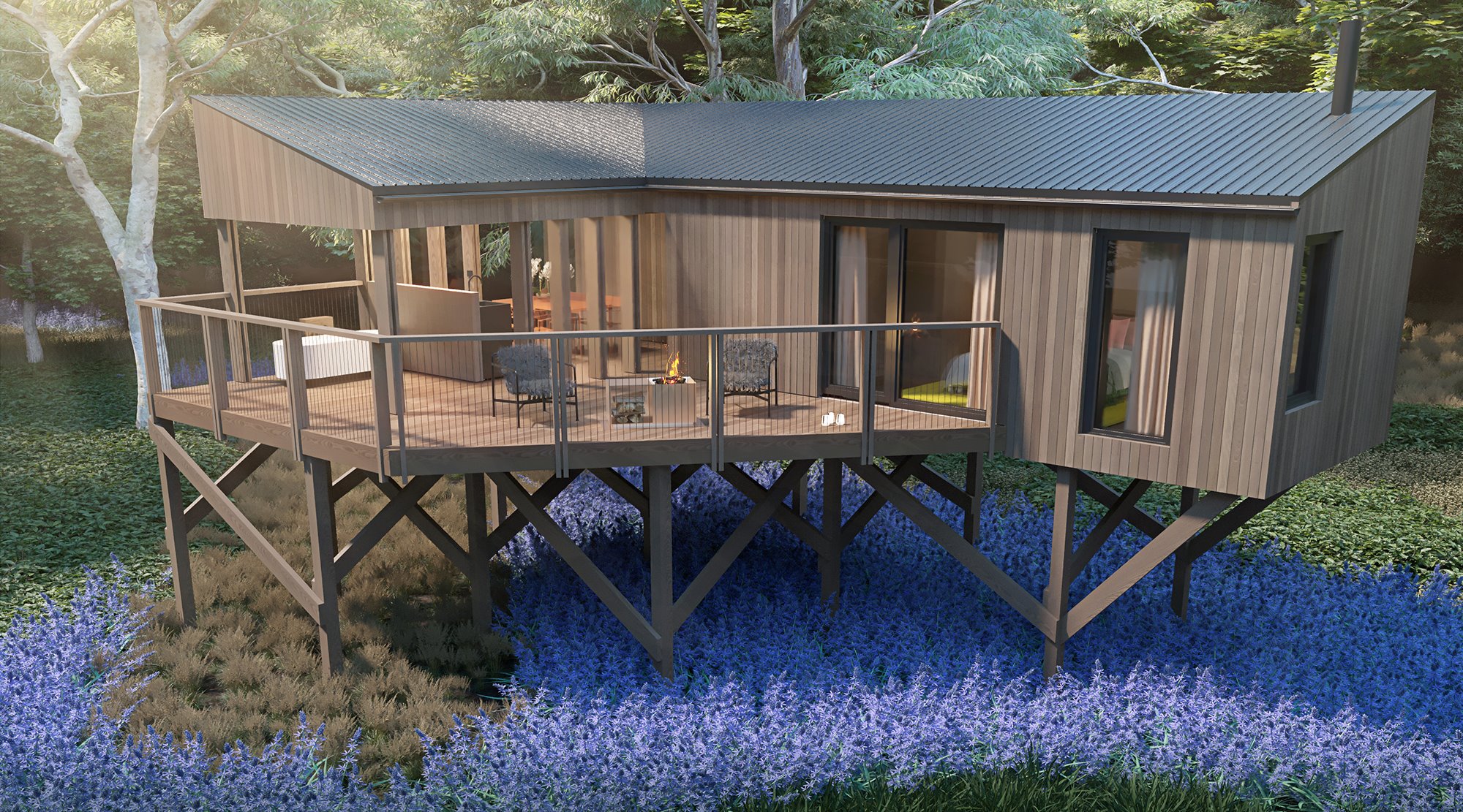 CGI picture of new treehouses nested ino bluebell woodlands of rewilding land at Elmore Court in Gloucestershire UK