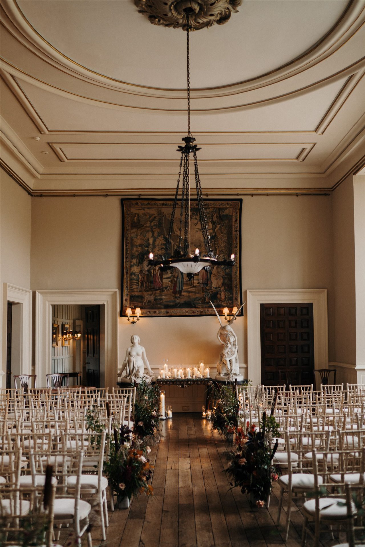 autumn wedding ceremony hall with candles