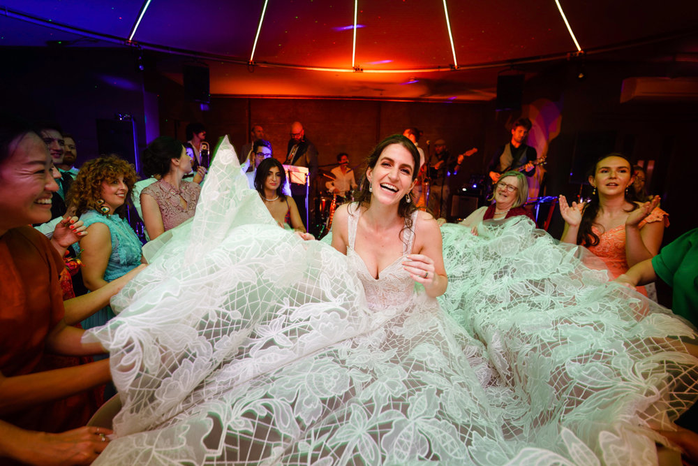 Beautiful jewish bride in princess dress at her party disco wedding