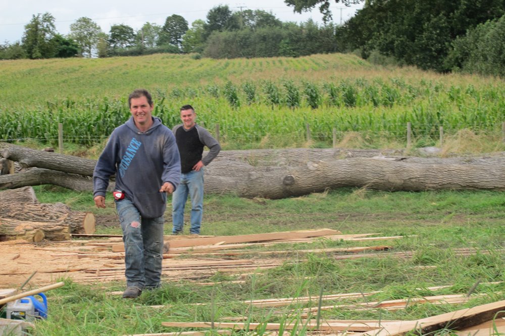 Building eco wedding reception the Gillyflower, cutting and planing timber from the estate at elmore court