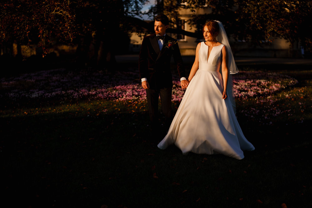 Bride and Groom at Elmore Court in pretty light