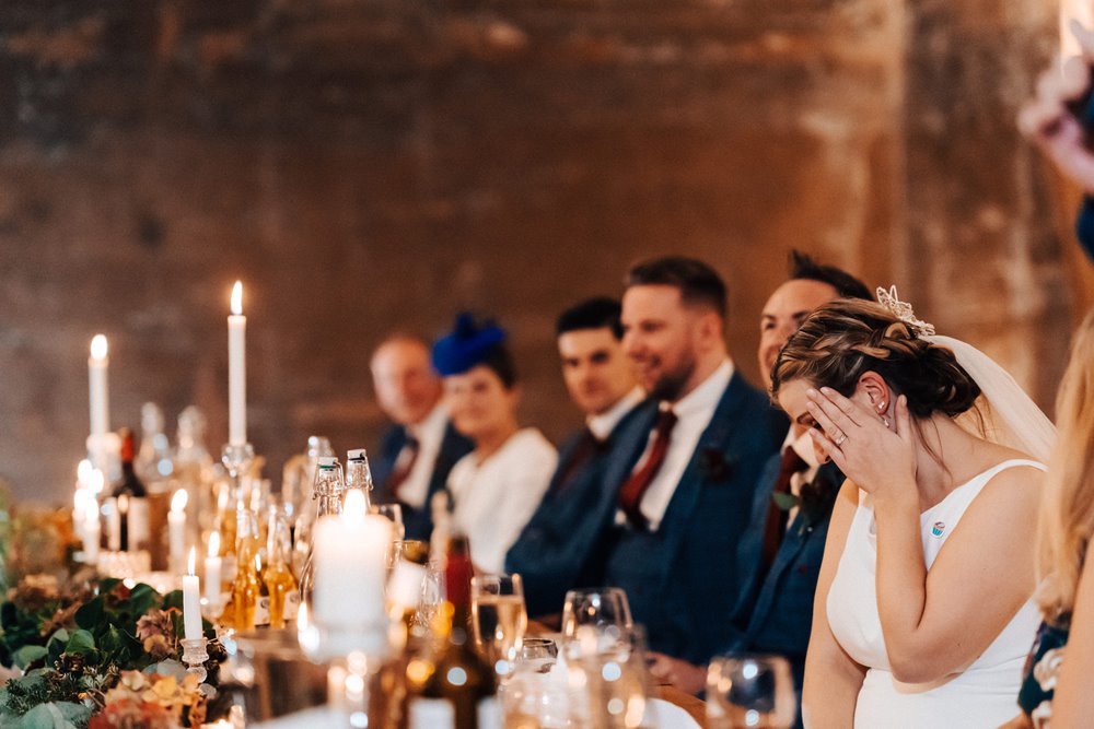 wedding reception bride cries at speeches