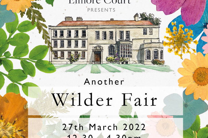 Wild wedding fair flyer with real flowers and illustration of stately home elmore court by Deabil and Quince