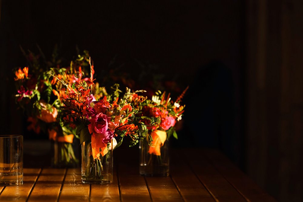 Beautiful bright bouquets in sunset light at elmore court