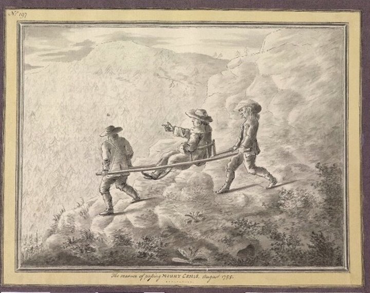 Sir William Guise of Elmore Court crosses the alps by Sedan chair- carried by two chair men paid half a crown