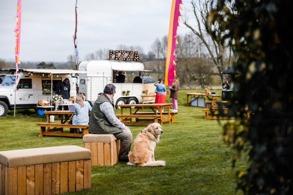 festival Wedding fair with pizza from a cool truck with light up sign in the cotswolds