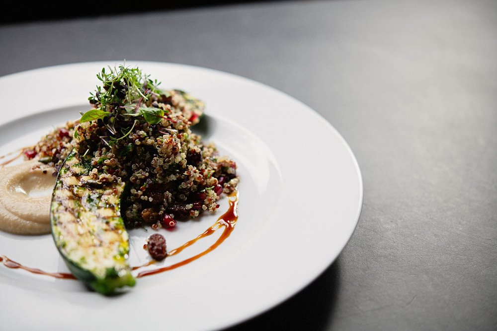 Wedding menu. Dressed avocado with pomegranate, radish, wild rice & sesame salad, tofu dressing