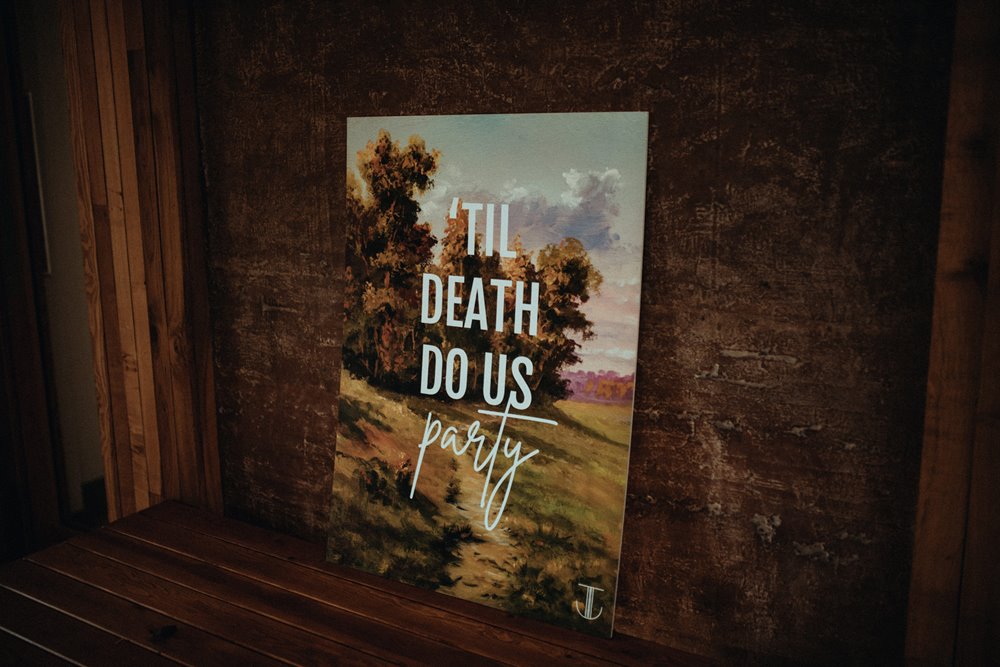 Till death do us party sign for a modern rock wedding in the cotswolds