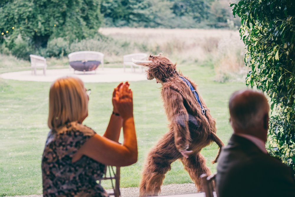 Man wearing where the wild things are suit walks through gillyflower meadow for a secret garden party inspired wedding