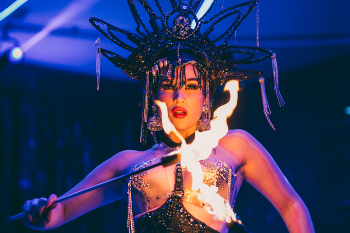 Fire performance for festival weddings and christmas parties by burlesque Missy fatale