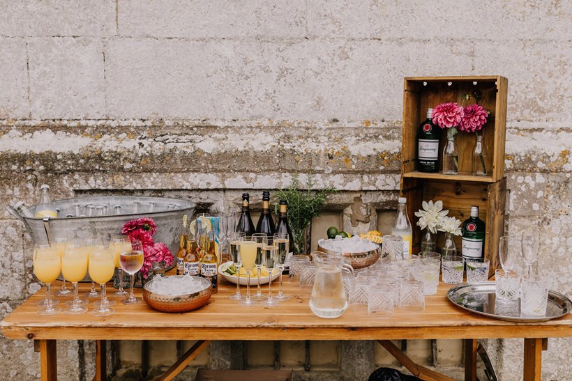 Garden party wedding drinks station for help yourself drinks