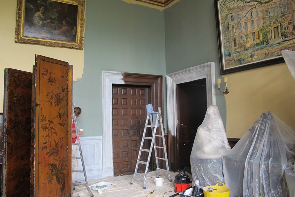 The hall at Mansion house elmore court looking unfinished amidst refurbishment and building works in the lead up to opening for wedding and events in 2013