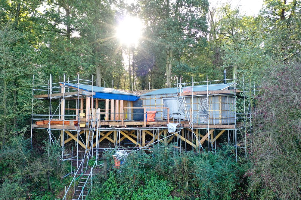 A treehouse being built with the sun beaming through the trees in a woodland at Elmore Court