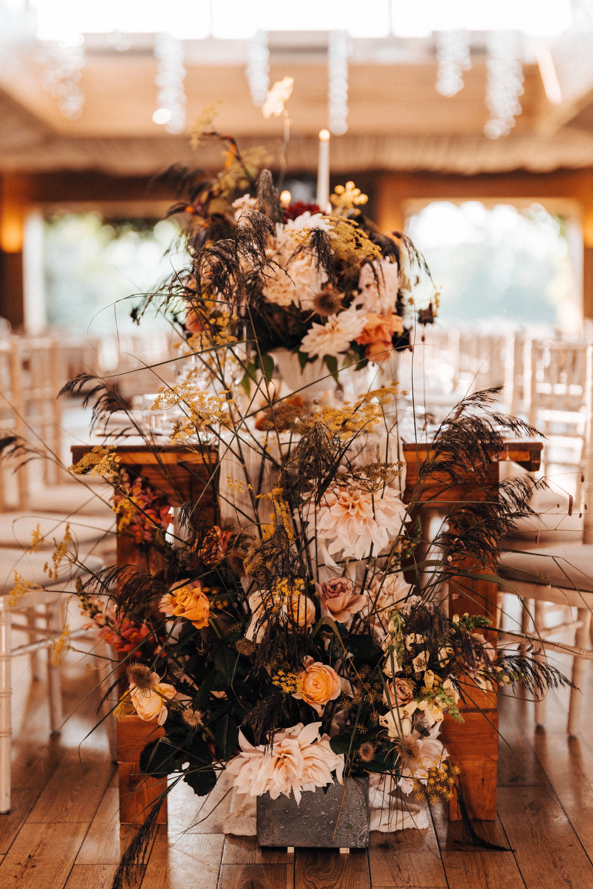 Autumnal flower display in a beautiful wedding reception venue