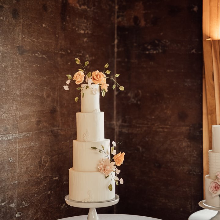 Elegant wedding cake in front of the rammed earth wall of eco wedding reception venue at Elmore Court in Gloucestershire
