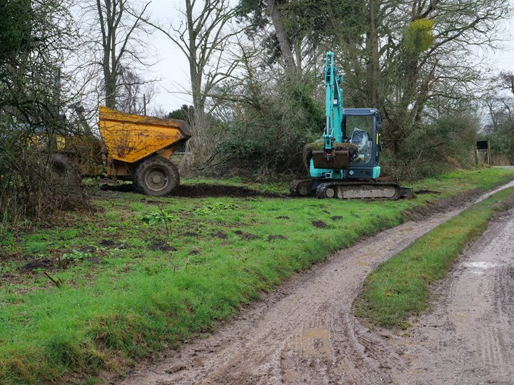The path to our treehouse hotels being dug. Nature holidays on the rewilding land will be possible here from 2023