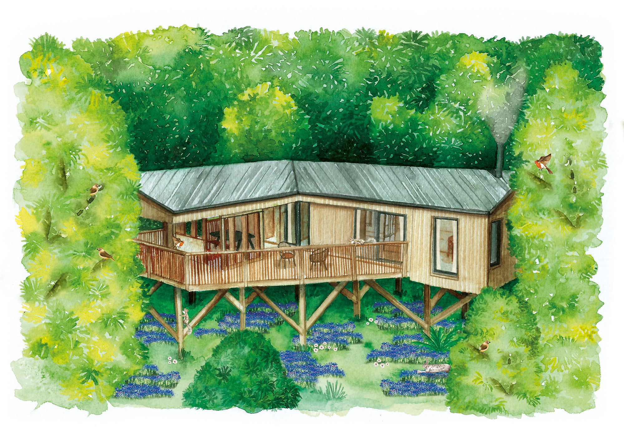 Treehouses nestled in the bluebell woodland at Cotswolds wedding venue elmore court illustrated in watercolor by Emerald Paper design 