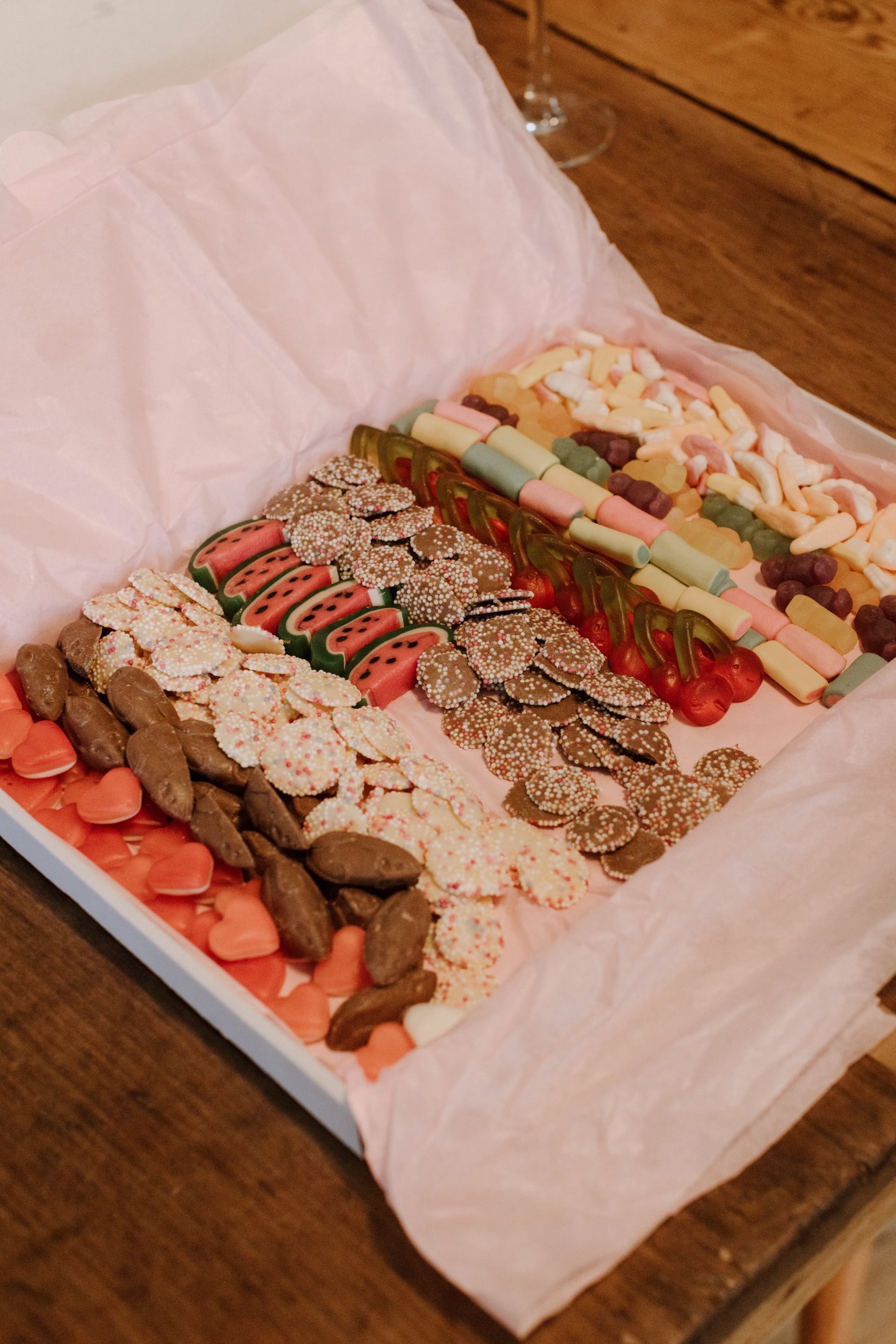 Box of sweeties for a pretty pink wedding with a vintage tea party twist