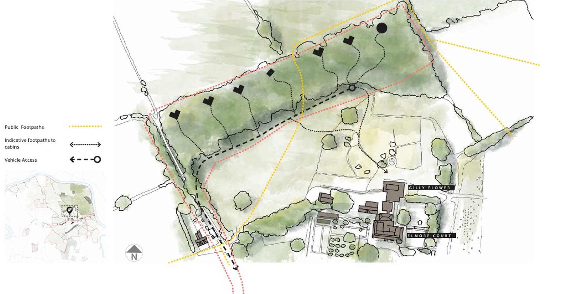 Map showing treehouse hideaways on the elmore court estate opposite the wedding venue
