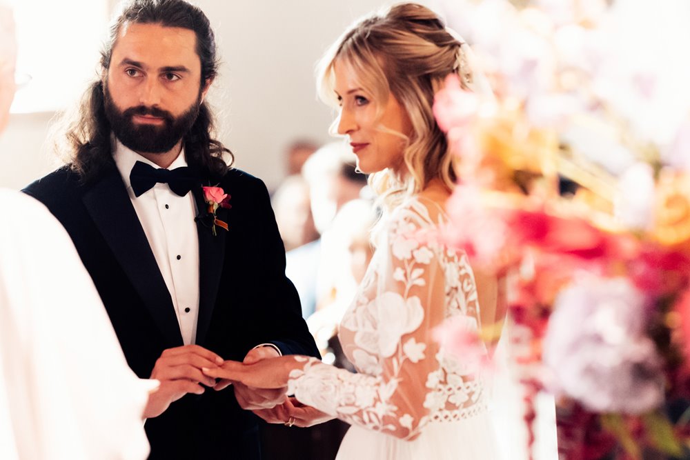 modern bride and groom at church ceremony