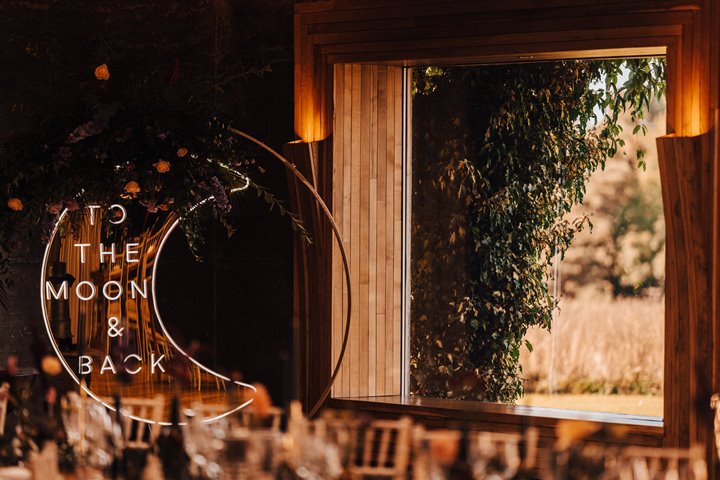 to the moon and back wedding sign giant crescent moon with light up letters dark wedding inspiration at elmore court