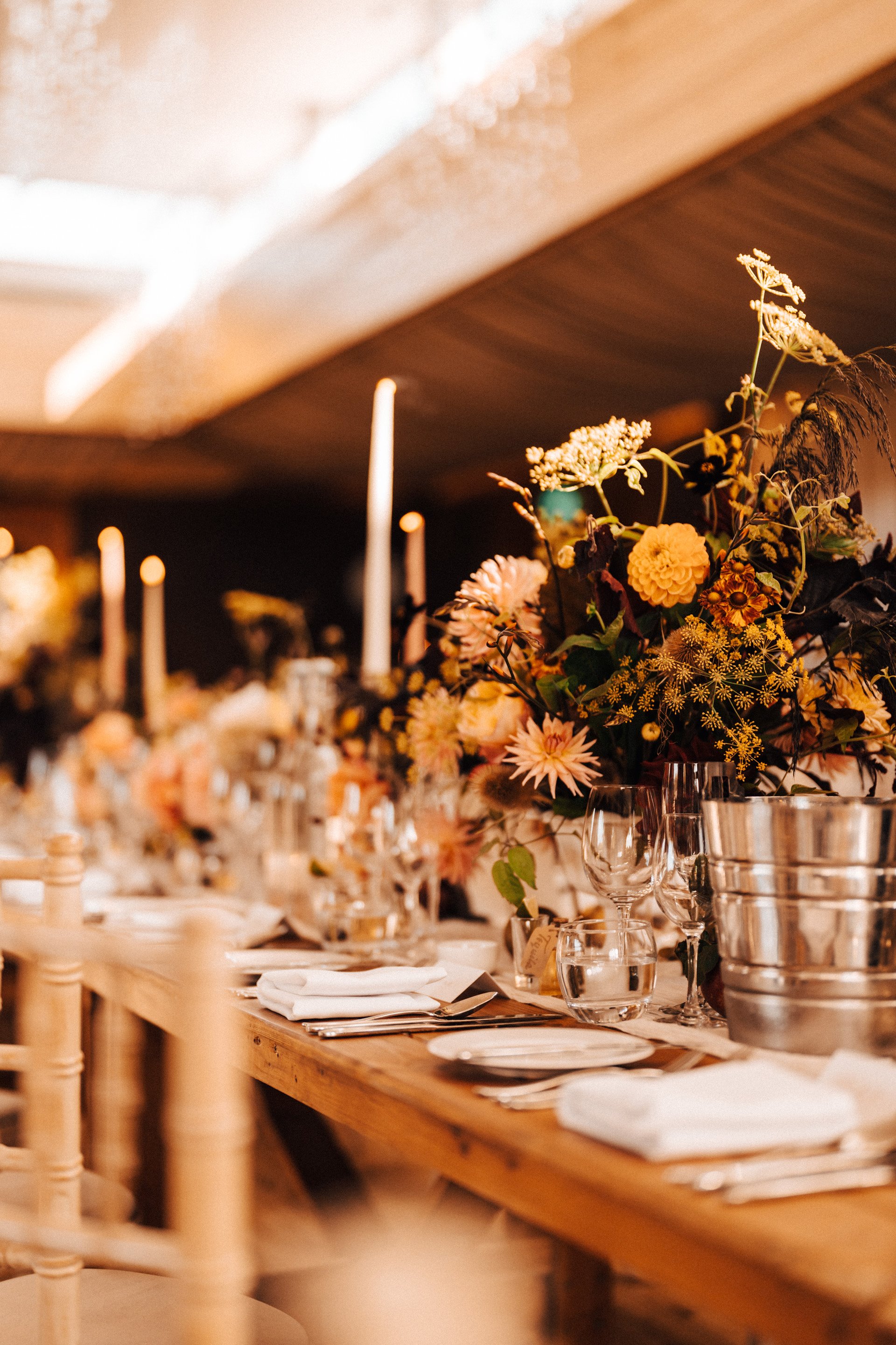 Blush gold wedding table decor for September wedding at Elmore Court