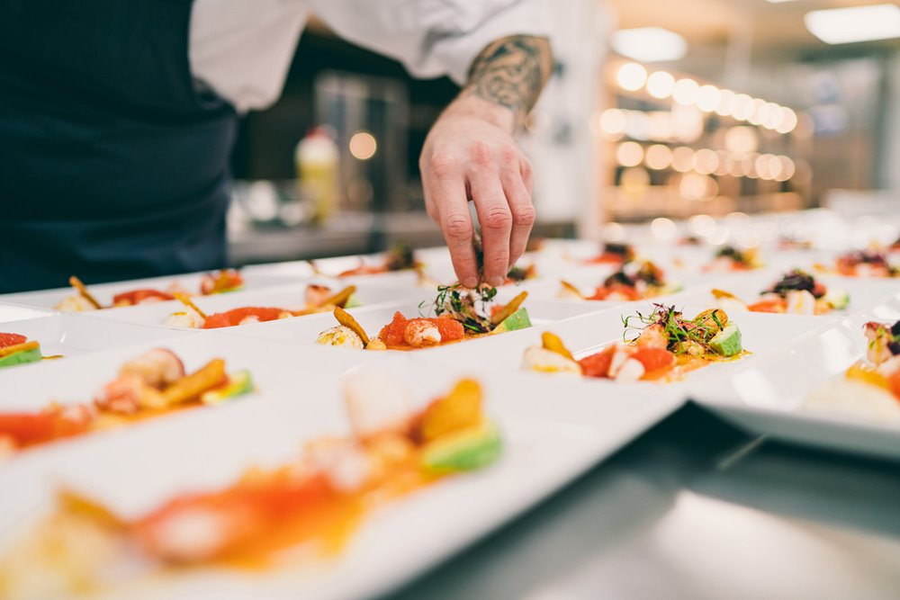 Delicious gourmet food being prepared in the kitchens of elmore court for special pop up covid cabaret events