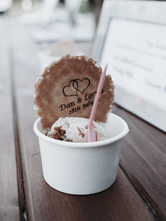 Wedding ice cream with personalised wafer with bride and grooms names and wedding date