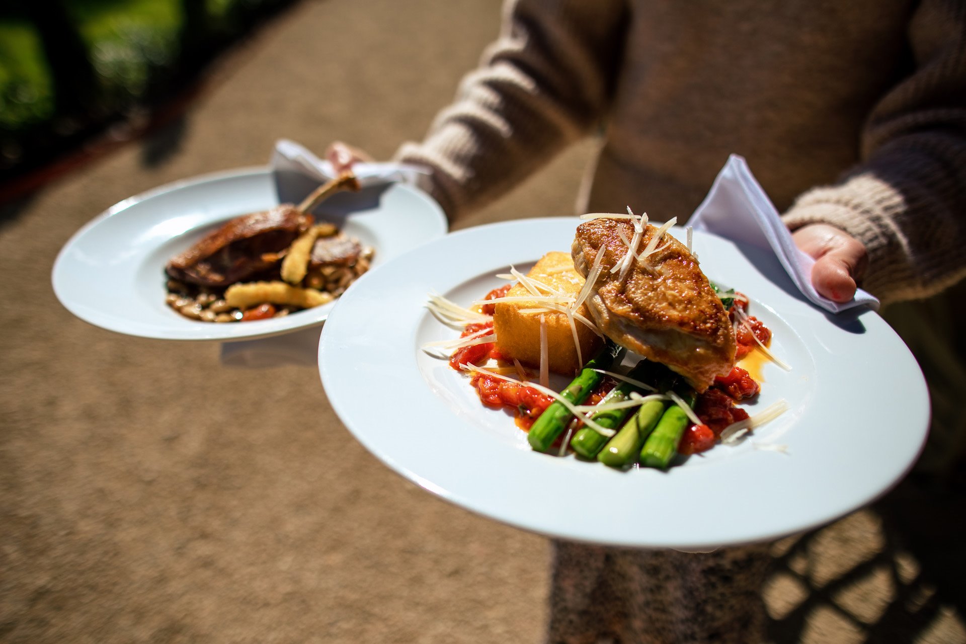 Rosemary & lemon marinated roast chicken breast, crispy potato hash, tomato and basil ragu and asparagus and parmesan (from our summer menu)