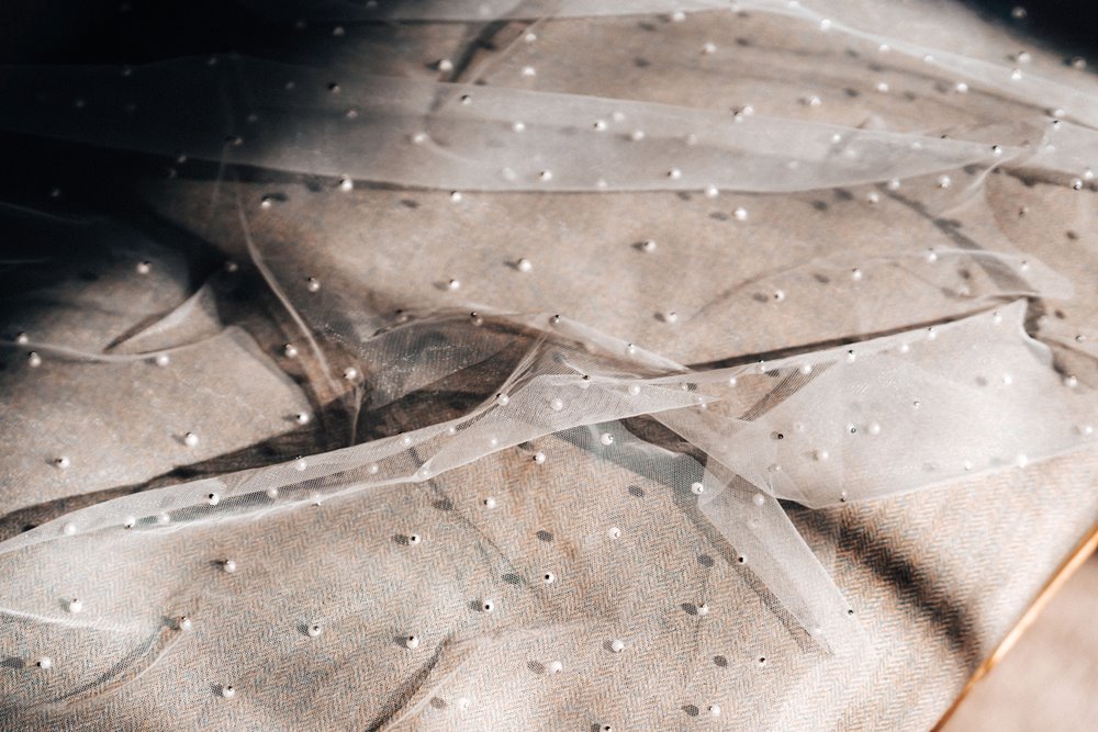 Pearl wedding veil for a glamorous bride at autumn wedding in the cotswolds