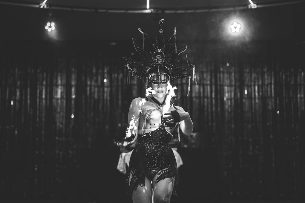 Burlesque fire performer Missy Fatale at Elmore Court Christmas party