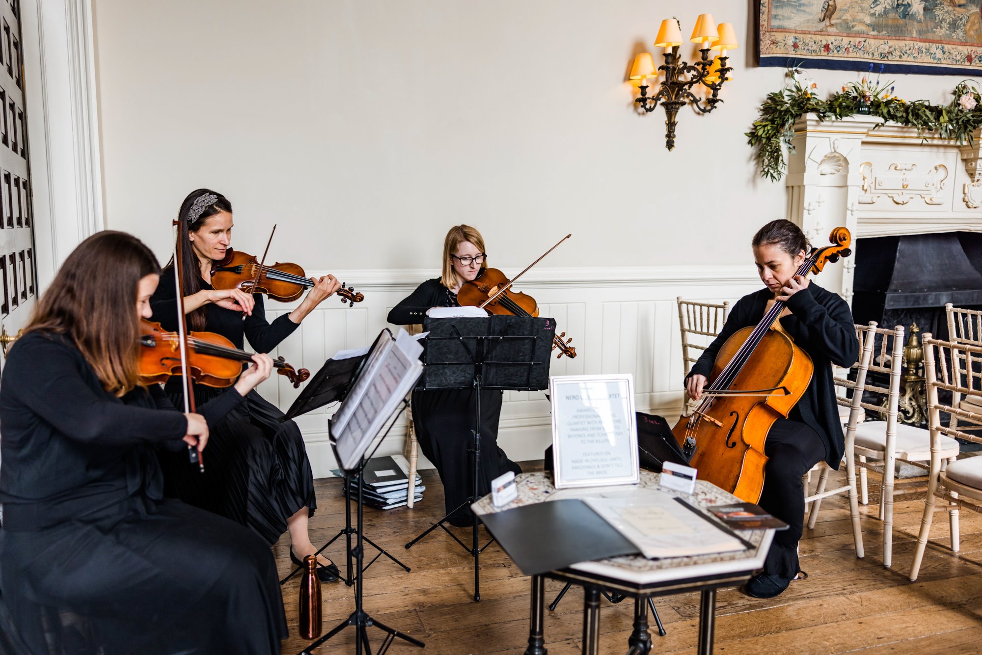 nero string quartet playing at wedding fair elmore court in the cotswolds
