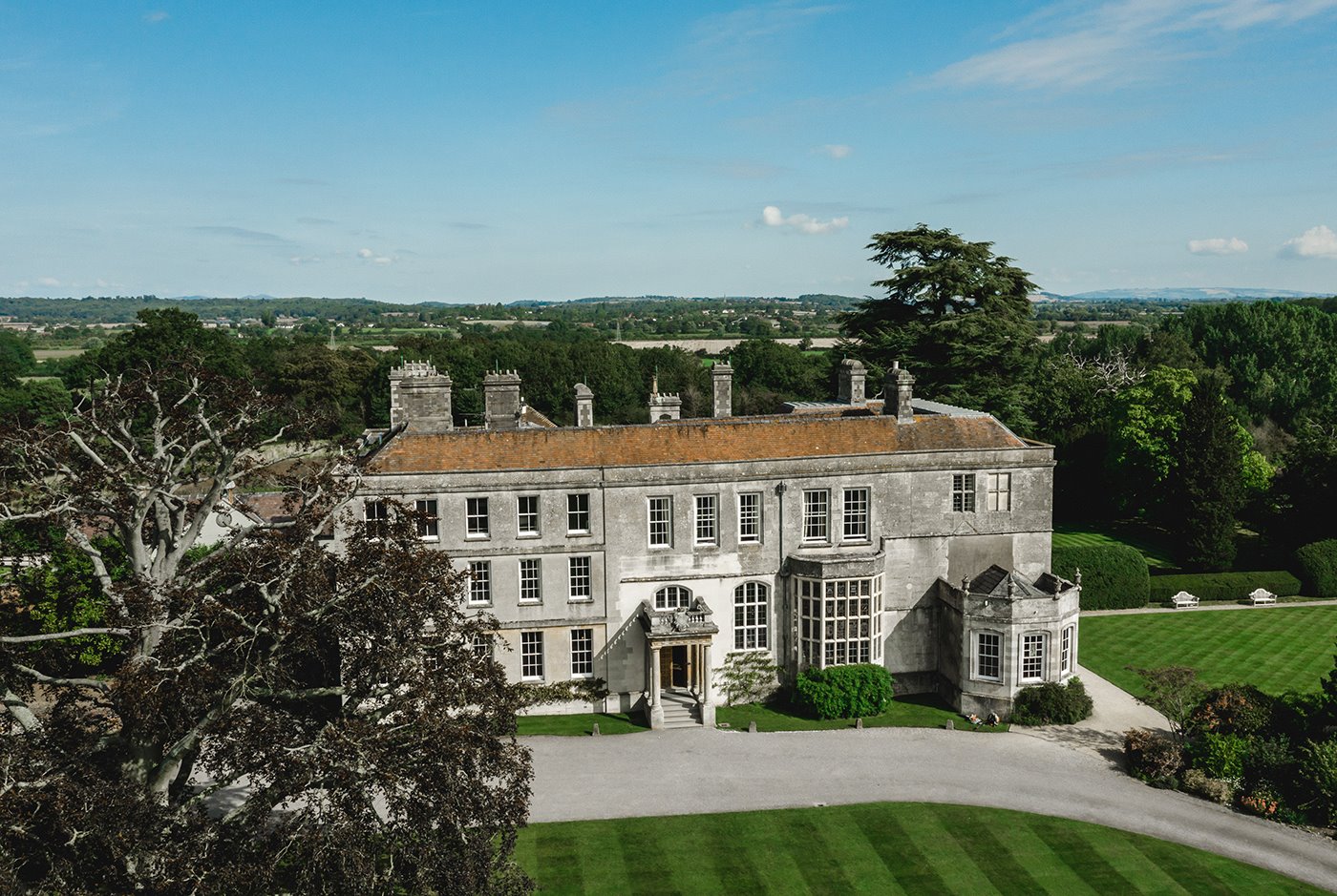 Stately home wedding venue Elmore Court from above