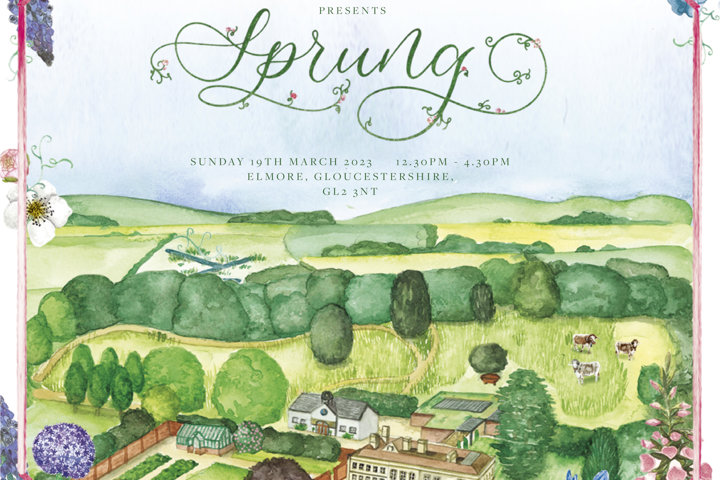 March wedding fair artwork with beautiful watercolour illustration of wedding venue and estate in the cotswolds