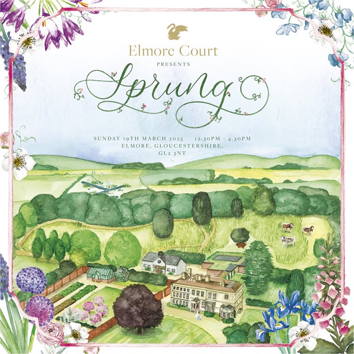 March wedding fair artwork with beautiful watercolour illustration of wedding venue and estate in the cotswolds
