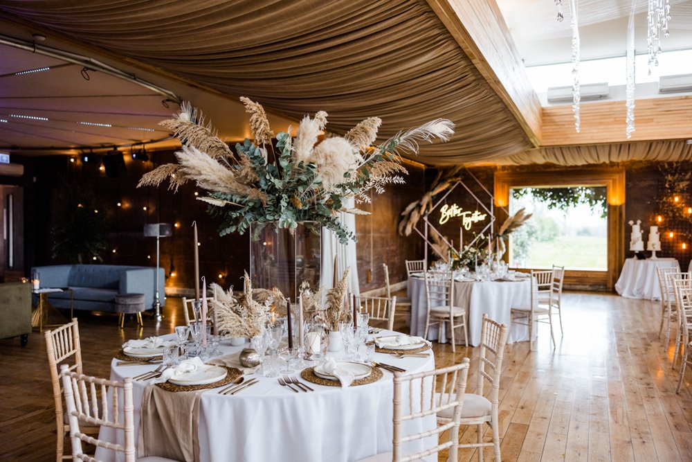 Pampas grass wedding reception styling by sorori design for wedding fair in gloucestershire