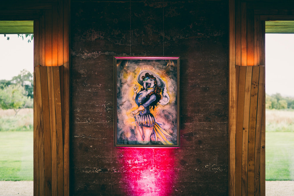 Weird parrot art work hung on the walls of the gillyflower to decorate the parrot cage cabaret