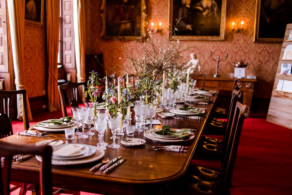 Main dining hall breakfast set up flowers by dot and the dandelion and styling saltandscentevents