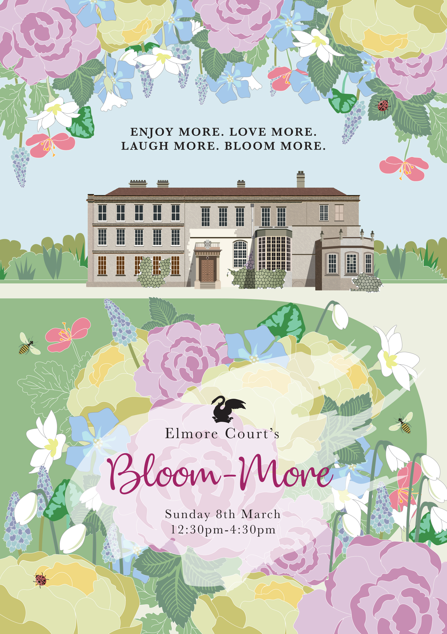 March wedding fair flyer for Elmore Court. An illustration of a stately home framed by flowers, with words Bloom More at Elmore Court on Sunday 8th March 2020 at 12.30pm