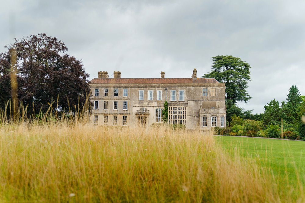 stately home wedding venue elmore court with long grasses and huge beech tree